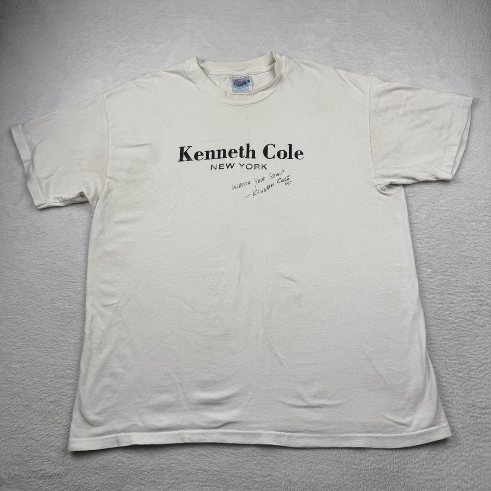 RARE! Kenneth Cole T-Shirt Mens XL White Vintage 90s Hanes Beefy-T Graphic Tee